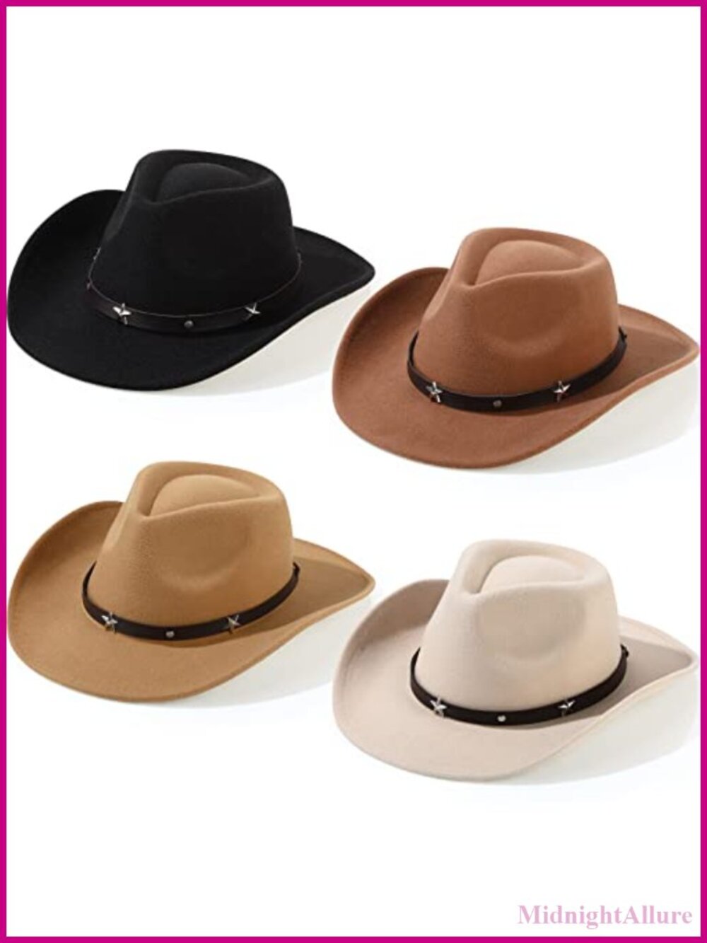 Felt Cowboy Hats 4 Pack Unisex Western Style with Curly Brim Buckle Accent